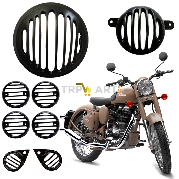 Black Headlight Grill Cover Set for Royal Enfield Classic 350 & 500/ Bullet, 8 Pcs Combo Of Head Light, Indicators, Eagle Eyes & Tail Light Grills