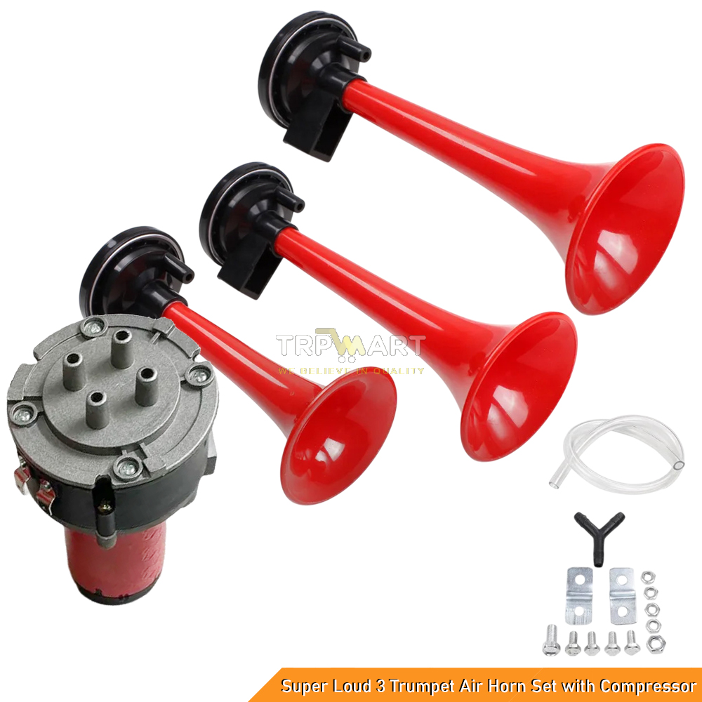 Super Loud 3 Trumpet Air Horn Set with Compressor – 135dB, 12V DC, Durable & Powerful for Motorcycle, Car, Truck, Boat