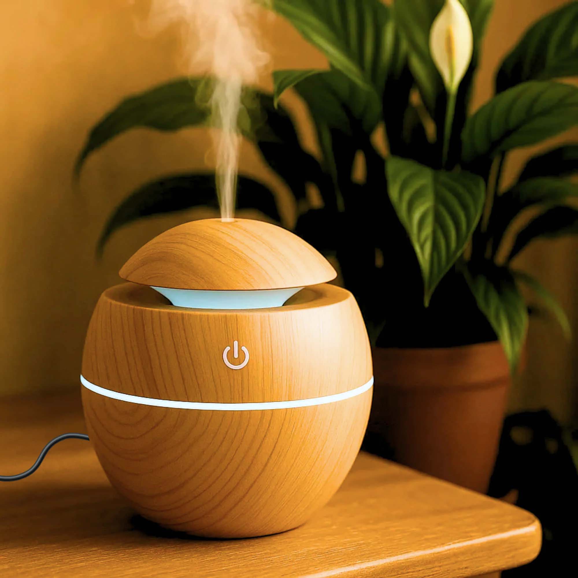 Wood Grain Mini Humidifier USB Powered, Ultrasonic Cool Mist Aroma Diffuser with Color Changing LED - Portable Air Freshener for Home, Office, Car