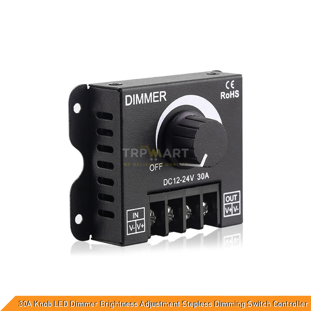 30A Knob LED Dimmer Brightness Adjustment Switch Controller for Single Color Led Strip Light, Stepless Dimming - DC 12-24V