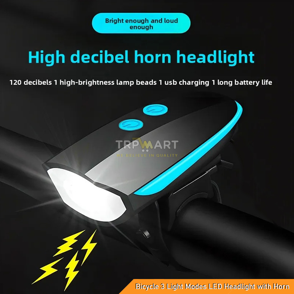 Waterproof Bicycle 3 Light Modes LED Headlight with 5 Tones Horn - USB Rechargeable Mountain Cycle LED Flashlight Safety Night Riding