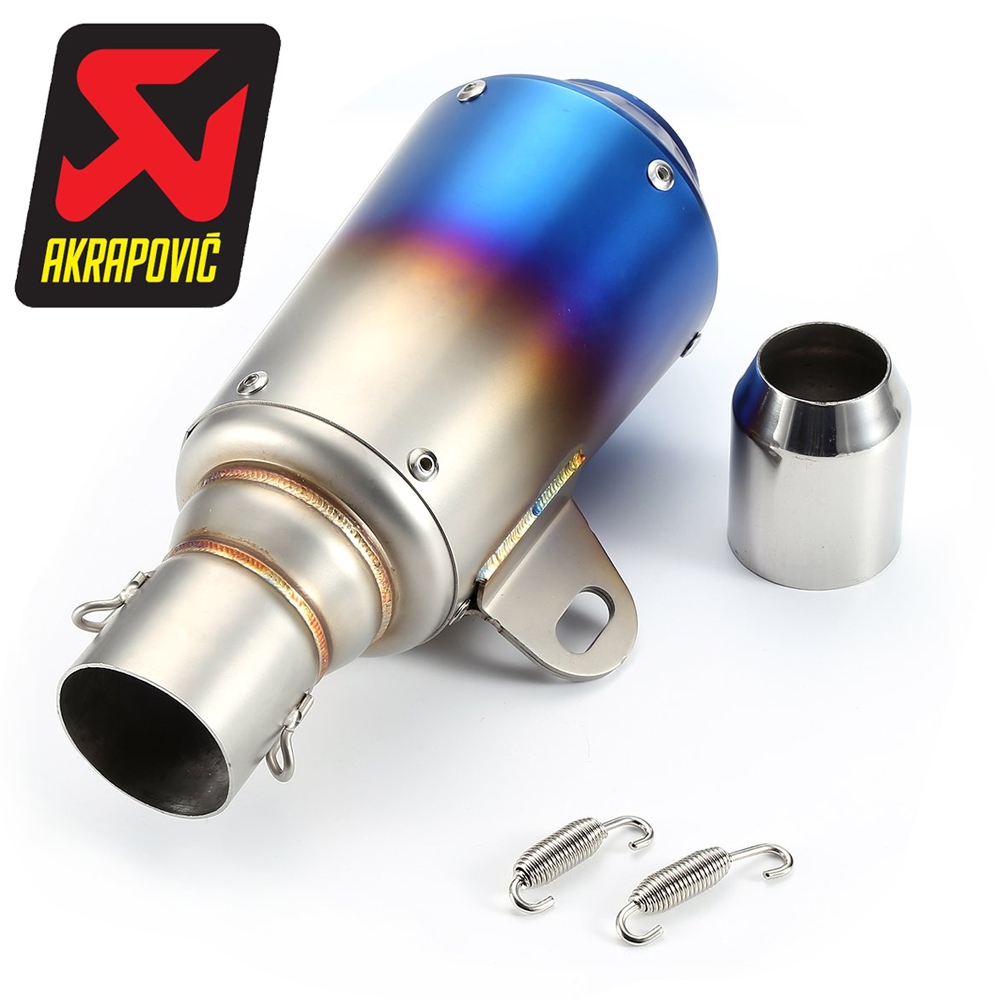 Universal Small Rainbow Blue Head (Small Rocket) Exhaust Silencer, 36-51mm Muffler Pipe & AKRAPOVIC Sticker for all Bikes/ Motorcycle