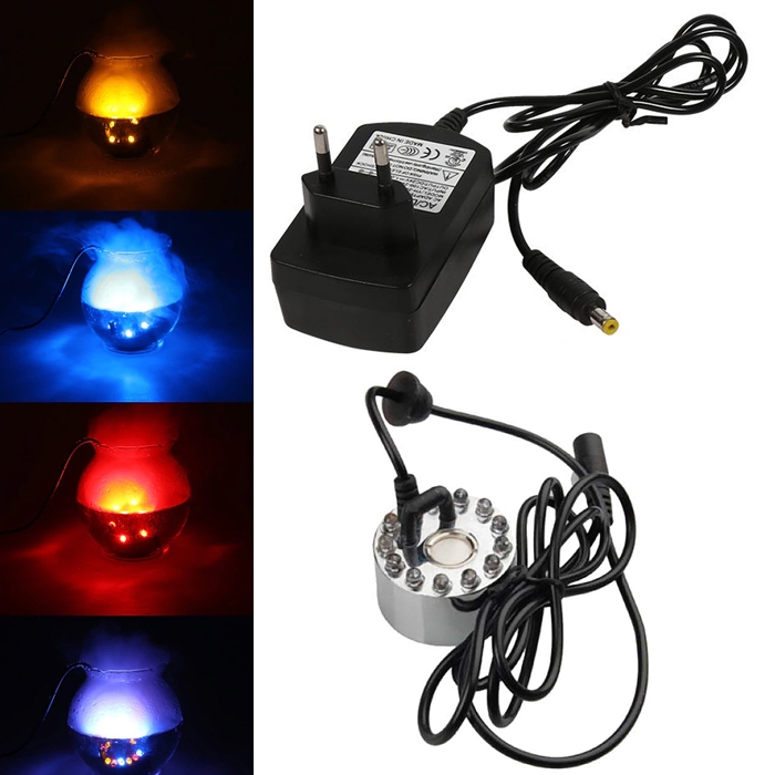 Atomizer Mist Maker Fogger Water Pump Ultrasonic Humidifier Fountain Rockery Gardening, Bonsai, Aquarium, Pond, Home Decor - 12 LED RGB Lights with 24 Volt DC Adapter